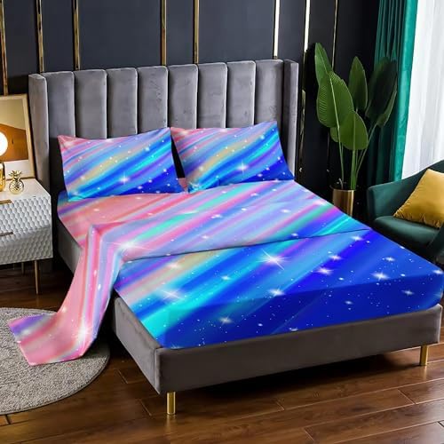 Nttopship Blue Rainbow Glitter Kids Bed Sheet Set