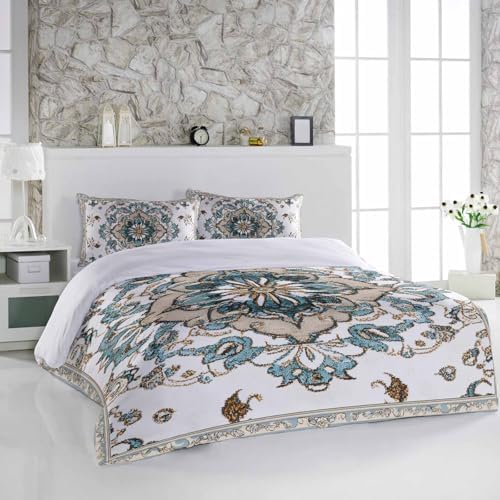3 Piece Bohemian Bedding Set with Blue Flowers