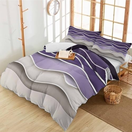3 Piece Bedding Set Abstract Purple Grey Geometric Duvet Cover with Pillow Shams