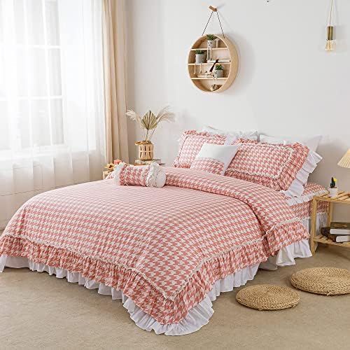 FADFAY Pink Swallow Grid Duvet Cover Set 4Pcs Cal King