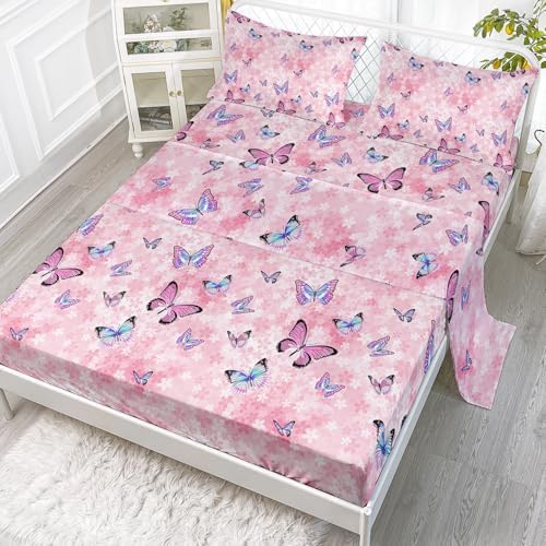 Smell Sunshine Girls Pink Butterfly Sheet Set 4Pcs for Kids