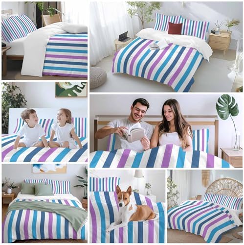 Sabolny Blue Purple Stripe Queen Duvet Cover Set 3 Piece