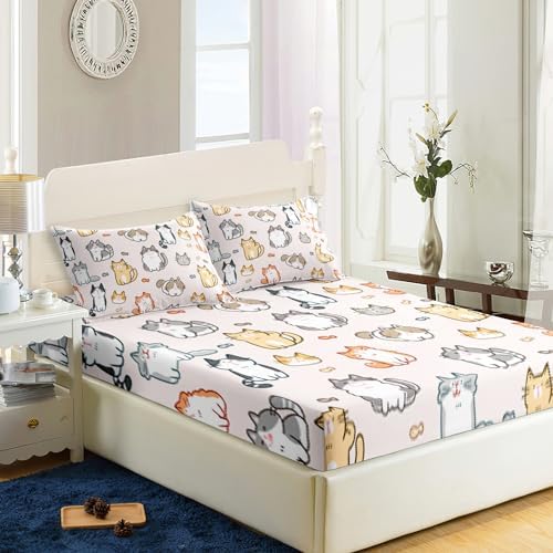 Kids Cat Fitted Sheet Set 3Pcs Cartoon Bedding for Boys Teens Adults