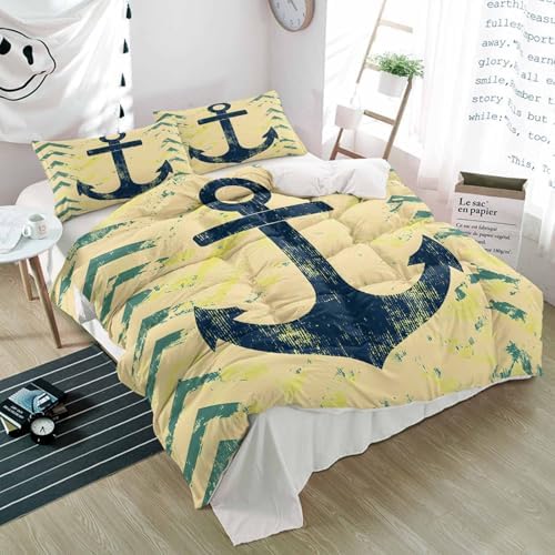 3 Piece Bedding Set Retro Nautical Anchor Yellow Duvet Cover Pillow Shams