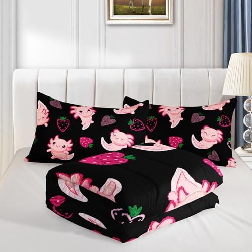 Cute Axolotl Bedding Set for Kids Pink Strawberry Comforter Set