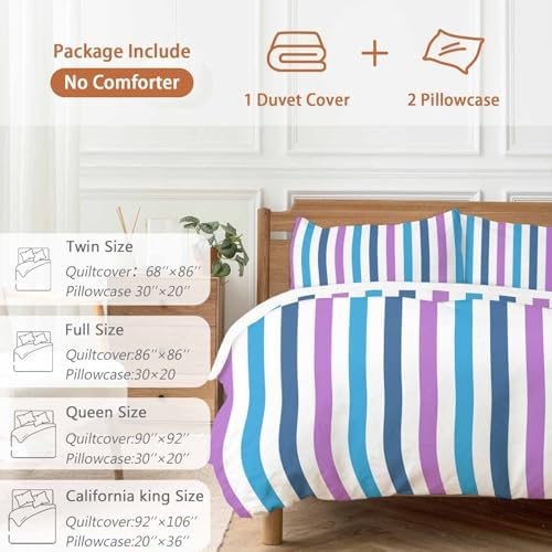Sabolny Blue Purple Stripe Queen Duvet Cover Set 3 Piece