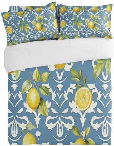 Alandar Home Duvet Cover Set Summer Lemon Leaves Yellow 3 Piece