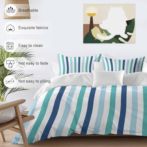 Teal Blue Stripe Queen Duvet Cover Set 3 Piece 1