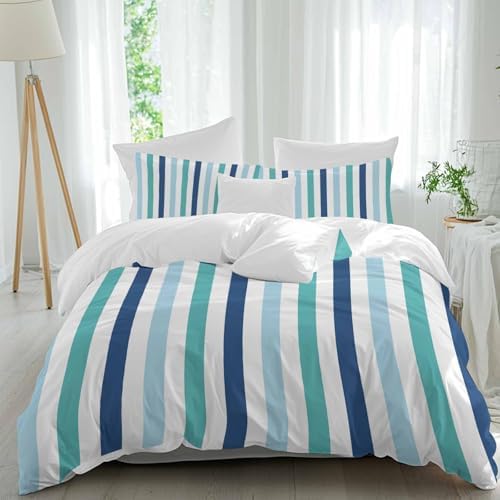 Teal Blue Stripe Queen Duvet Cover Set 3 Piece 1