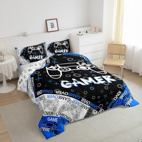Feelyou Kids Gamer Comforter Set Blue Black Grey