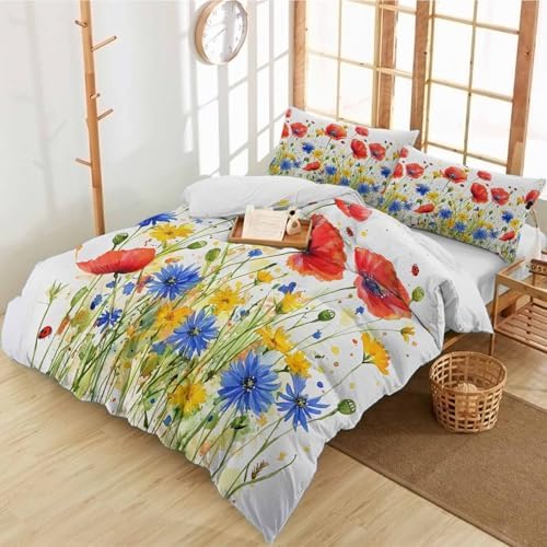 Alandar Home 3 Piece Bedding Set - Floral Poppy Duvet Cover Pillow Shams