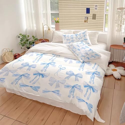 Trendy Blue Bow Duvet Cover Set Twin Size 68x88
