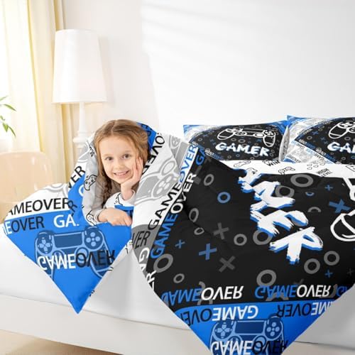 Feelyou Kids Gamer Comforter Set Blue Black Grey