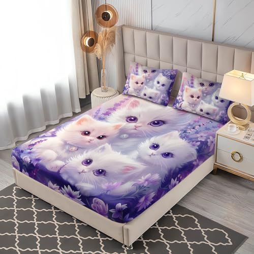Cute Cat Fitted Sheet Toddler Bedding Set Twin Size