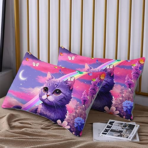 HOSIMA Cat Fitted Sheet with Rainbow Flowers and Pillowcases - Purple
