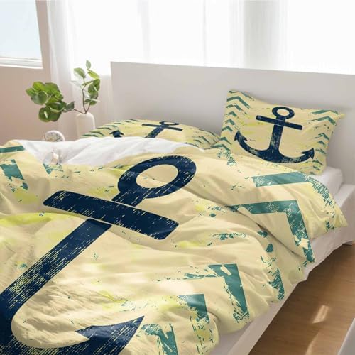 3 Piece Bedding Set Retro Nautical Anchor Yellow Duvet Cover Pillow Shams