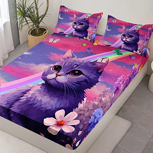 HOSIMA Cat Fitted Sheet with Rainbow Flowers and Pillowcases - Purple