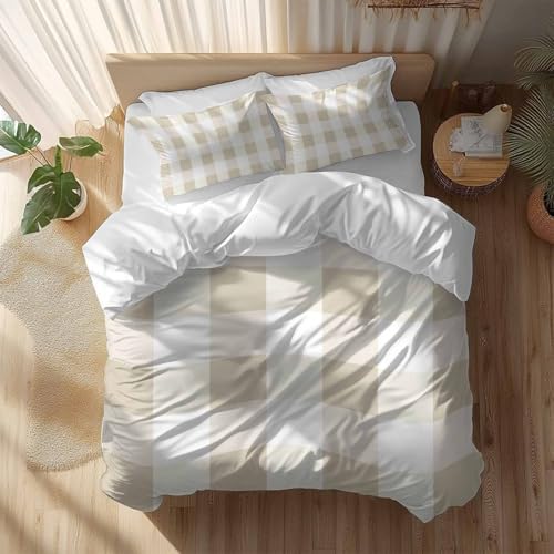 Sabolny Beige White Plaid Queen Duvet Cover Set 3 Piece