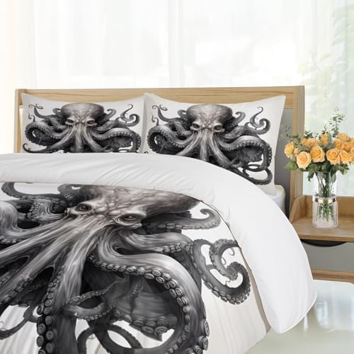 STRELEC Octopus Duvet Cover Set Queen Size Gray White