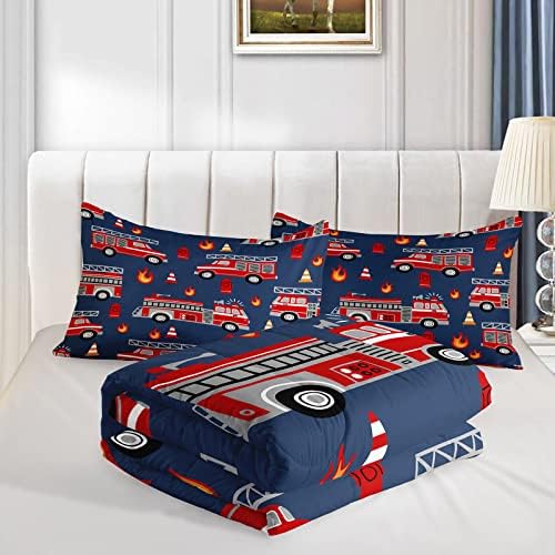 QOOMO Fire Truck Kids Comforter Set 3Pcs Full Size