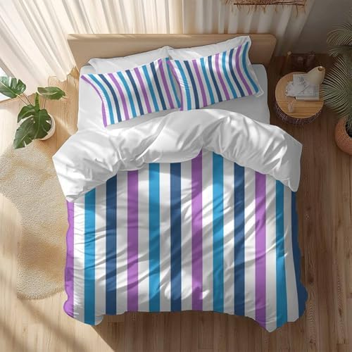 Sabolny Blue Purple Stripe Queen Duvet Cover Set 3 Piece