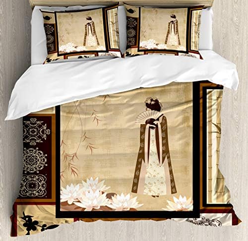 Ambesonne Japanese Duvet Cover Set - California King Brown Cream
