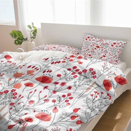 Alandar Home Duvet Cover Set Red Flowers Black Leaves Floral Design