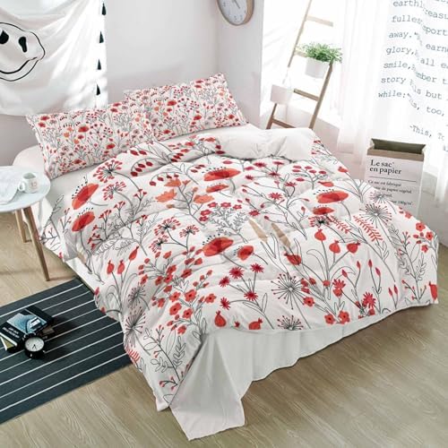 Alandar Home Duvet Cover Set Red Flowers Black Leaves Floral Design