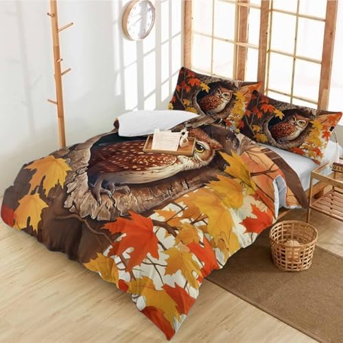 3 Piece Thanksgiving Owl Duvet Cover Set with Pillow Shams