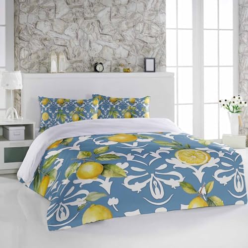 Alandar Home Duvet Cover Set Summer Lemon Leaves Yellow 3 Piece