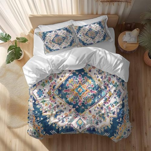 Navy Blue Boho Queen Duvet Cover Set with 2 Throw Pillows