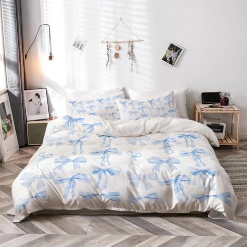 Trendy Blue Bow Duvet Cover Set Twin Size 68x88