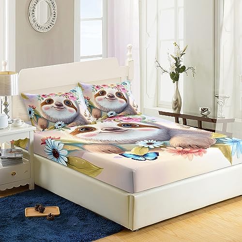 AILONEN Cartoon Sloth Fitted Sheet Set Twin Size