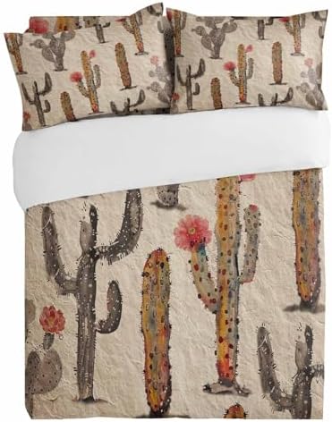 Brown Cactus Red Flowers Duvet Cover Set 3 Piece