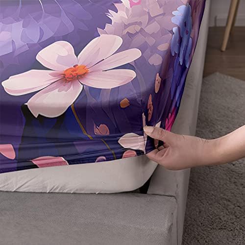 HOSIMA Cat Fitted Sheet with Rainbow Flowers and Pillowcases - Purple