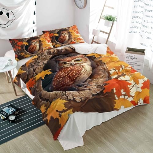 3 Piece Thanksgiving Owl Duvet Cover Set with Pillow Shams