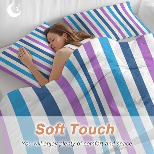 Sabolny Blue Purple Stripe Queen Duvet Cover Set 3 Piece