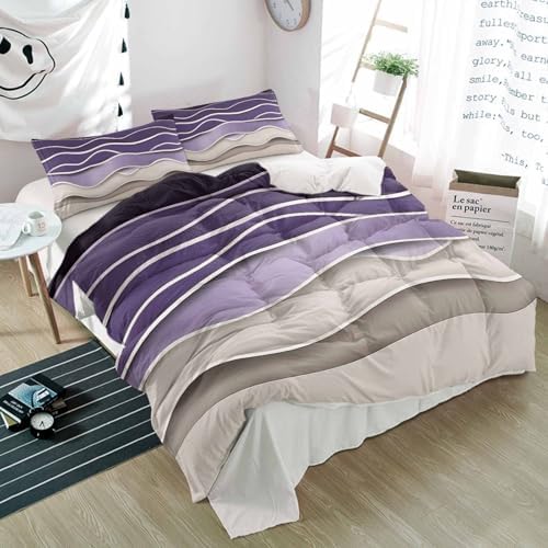 3 Piece Bedding Set Abstract Purple Grey Geometric Duvet Cover with Pillow Shams