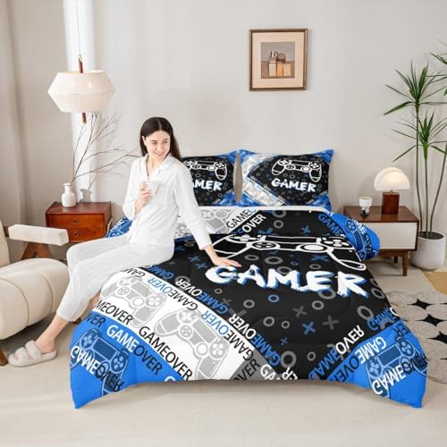 Feelyou Kids Gamer Comforter Set Blue Black Grey