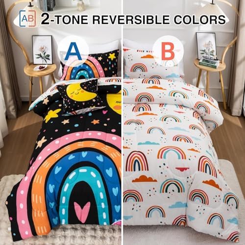 Btargot 5-Piece Black Rainbow Comforter Set for Kids