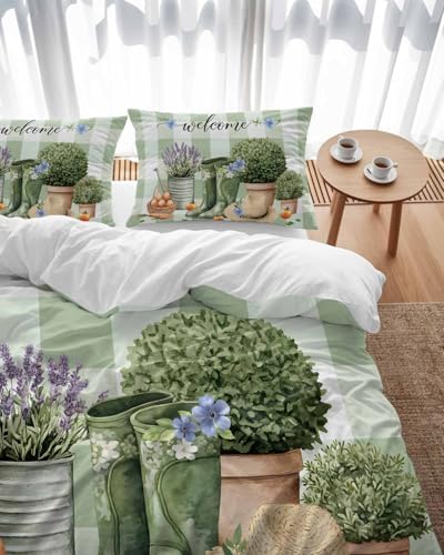 ZOE GARDEN Queen Duvet Cover Set 3 pcs with Plaid Pillowcases