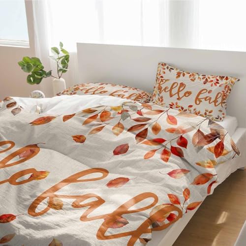 3 Piece Bedding Set Hello Autumn Orange Leaves Duvet Cover Pillow Shams
