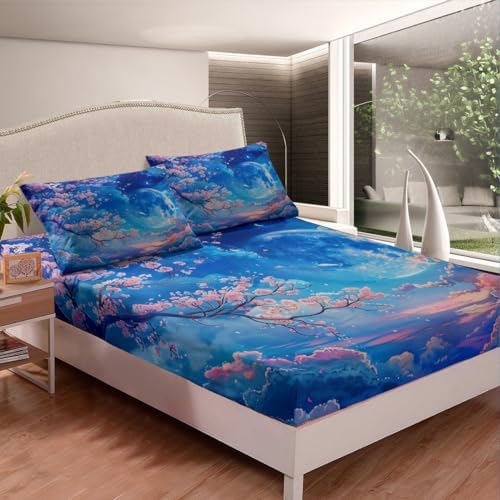 Cherry Blossoms Fitted Sheet Set Full Size with 2 Pillowcases