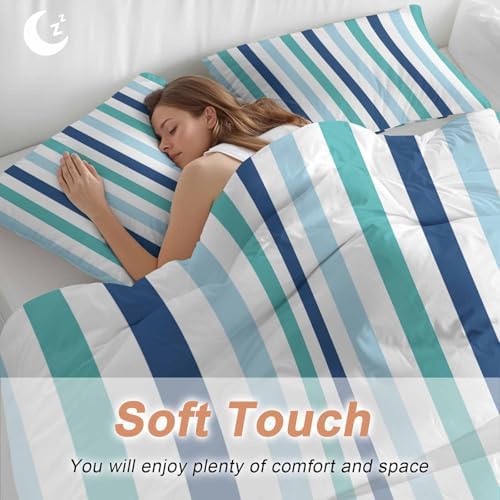 Teal Blue Stripe Queen Duvet Cover Set 3 Piece 1