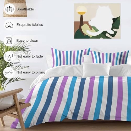 Sabolny Blue Purple Stripe Queen Duvet Cover Set 3 Piece