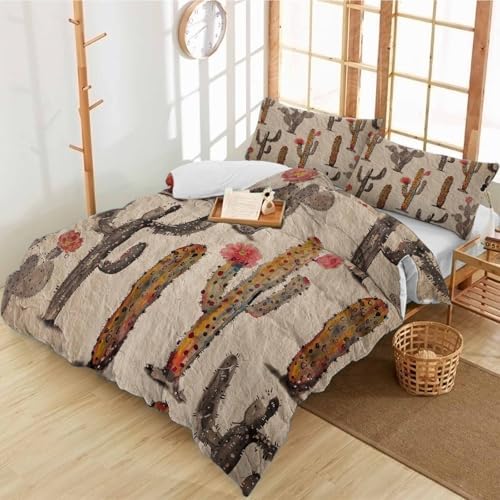 Brown Cactus Red Flowers Duvet Cover Set 3 Piece