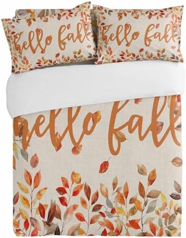 3 Piece Bedding Set Hello Autumn Orange Leaves Duvet Cover Pillow Shams