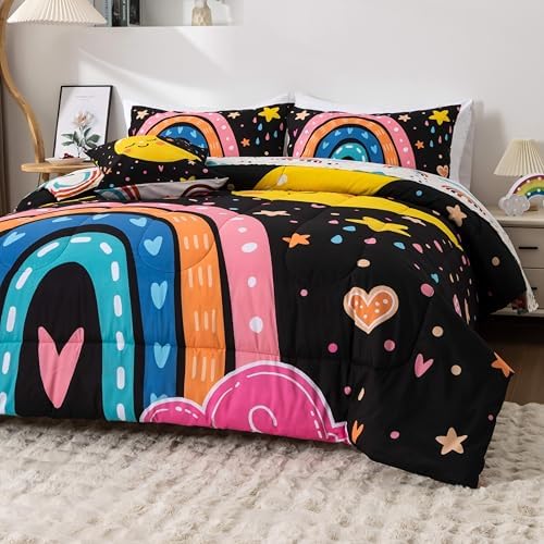 Btargot 5-Piece Black Rainbow Comforter Set for Kids