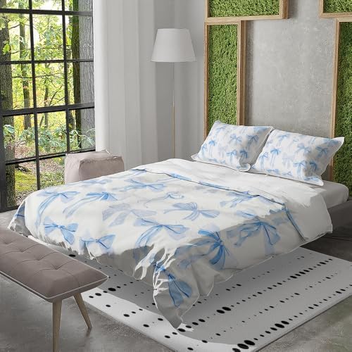 Trendy Blue Bow Duvet Cover Set Twin Size 68x88