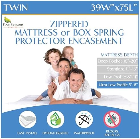 Four Seasons Essentials Twin Mattress Encasement 5-8 Deep Waterproof Zippered Protector